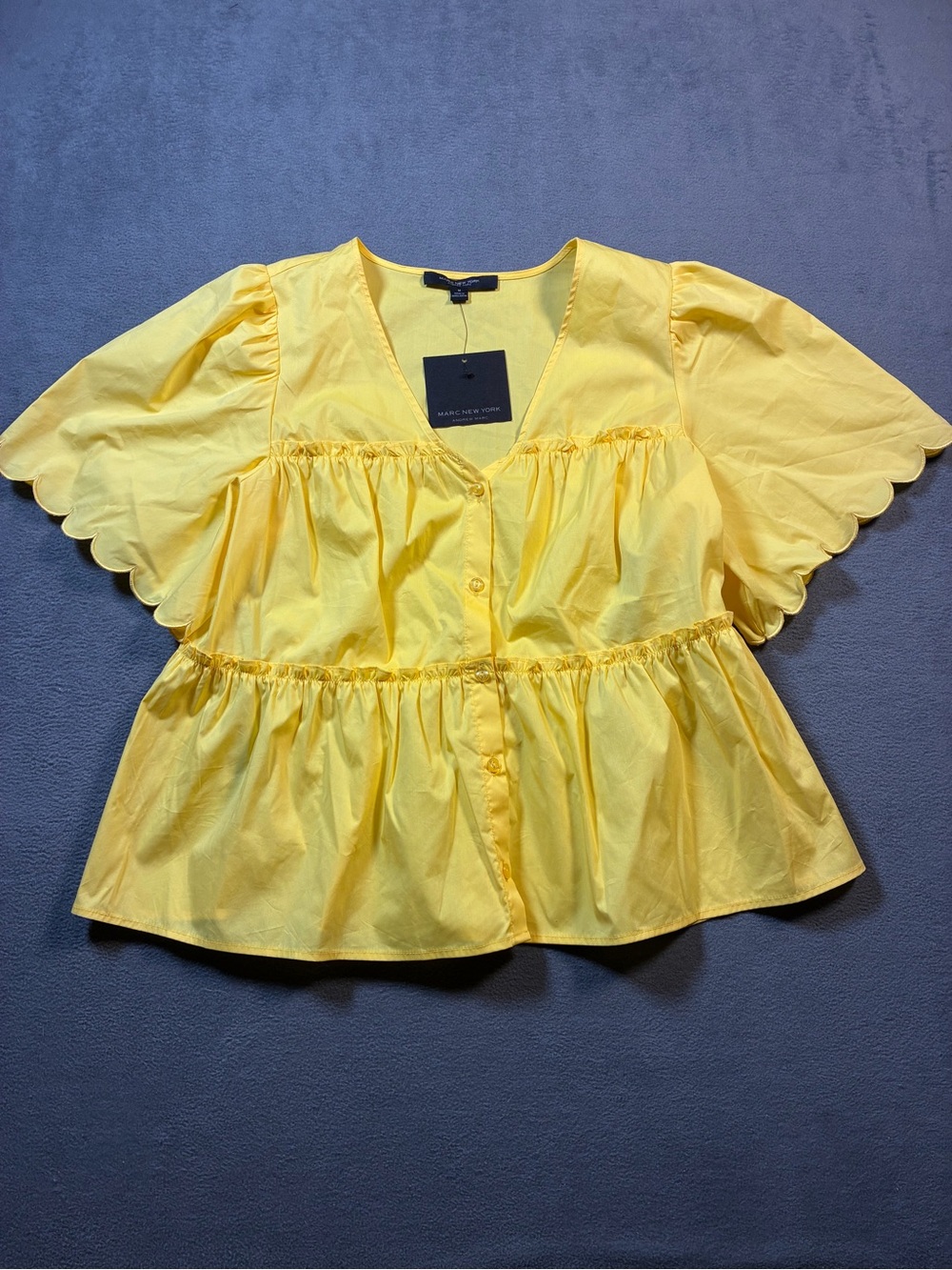 Marc New York Yellow Scalloped Flutter Button-Down Top